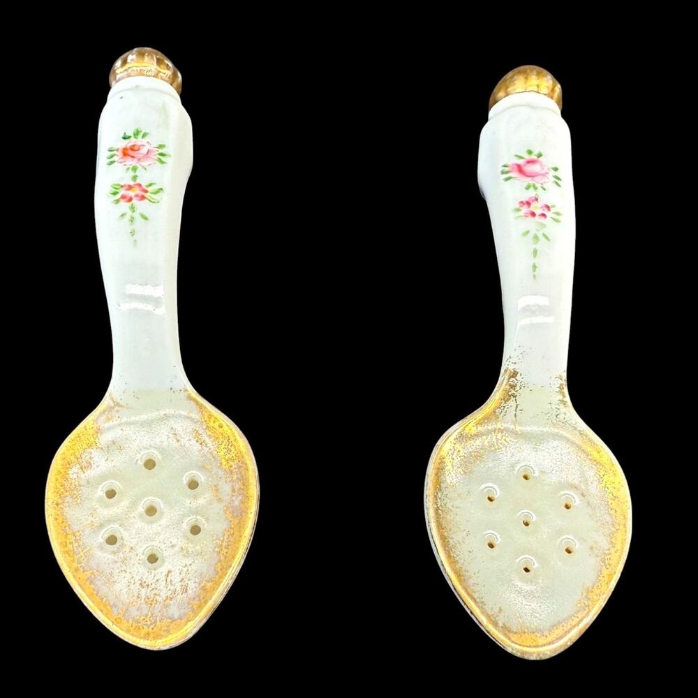 Vintage Floral Spoons Gold Gilt Acme China Salt Pepper Shakers Made in Japan
